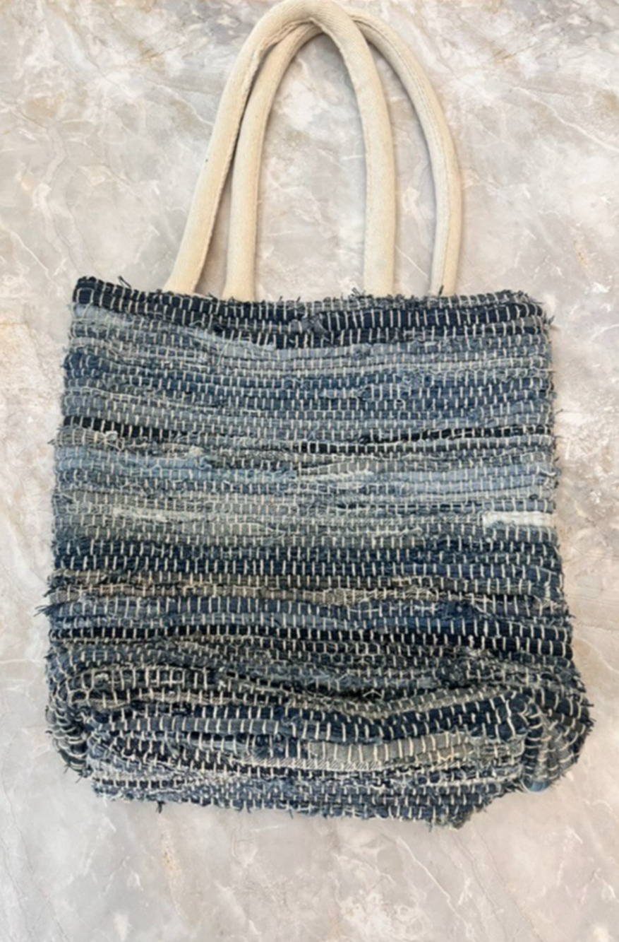 Unbranded Upcycled Denim Tote Bag Small With Thick White Straps